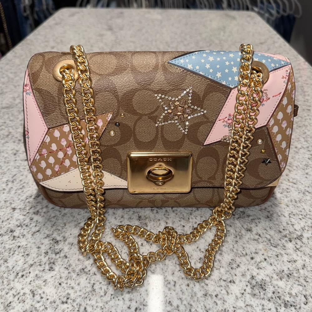Coach Crossbody Bag in Brown and Pink with Gold Chain